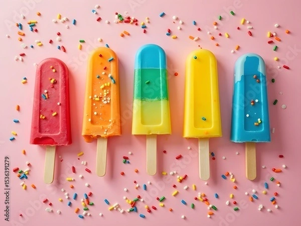 Obraz Rainbow Popsicles on Pastel Table: Flatlay of colorful rainbow popsicles arranged neatly on a pastel background with melting drops and scattered sprinkles, soft natural lighting.