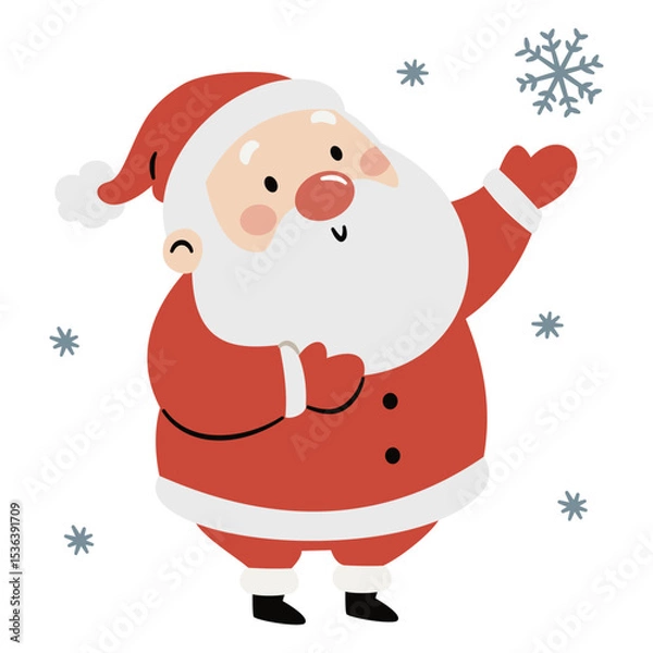 Obraz Cute Santa Claus standing under the snow and holding a snowflake. Flat vector illustration on white background in simple child style. Vector illustration