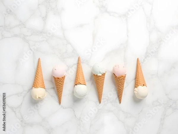 Obraz Minimalist Ice Cream Cones Flatlay: Flatlay image of minimalist-style ice cream cones placed on a white marble background, clean and modern aesthetic.