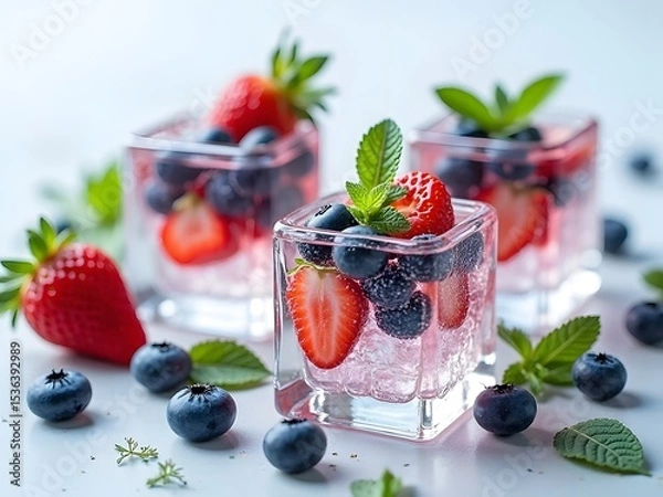 Obraz Flatlay of Ice Cubes with Berries and Mint: Flatlay of transparent ice cubes with embedded blueberries, strawberries, and mint leaves on a light background, fresh and clean look.