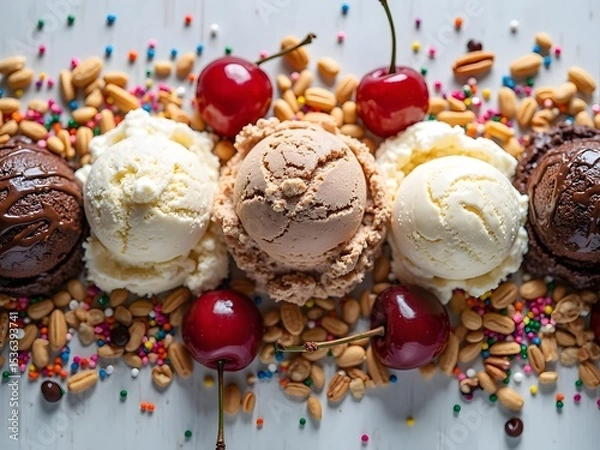 Obraz Flatlay of Ice Cream Sundae Ingredients: Flatlay composition of sundae toppings including scoops of ice cream, chocolate sauce, nuts, sprinkles, and cherries arranged on a table.