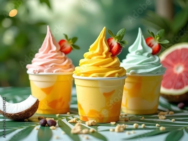 Obraz Tropical Ice Cream Cups Flatlay: Flatlay of tropical-themed ice cream cups with pineapple, mango, and coconut flavors on a leaf-patterned tablecloth, bright natural light.