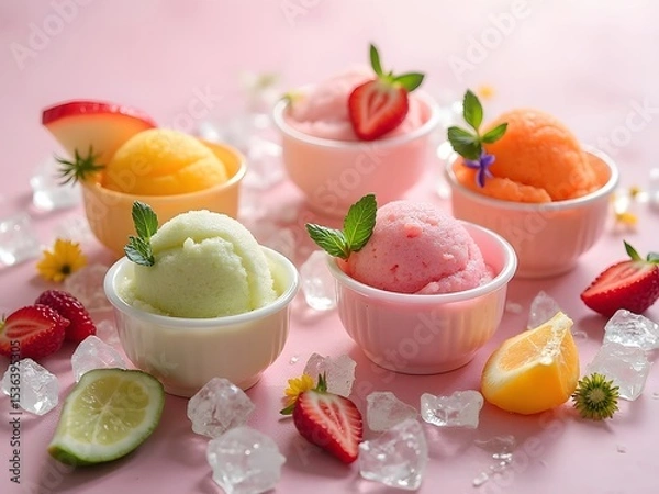Obraz Flatlay of Sorbet in Mini Bowls: Flatlay image showing various colorful sorbet flavors served in mini bowls with fresh fruit garnishes and ice shards on a neutral background.