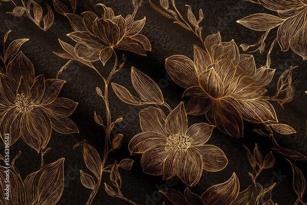 Obraz Luxurious floral outline in gold against dark brown