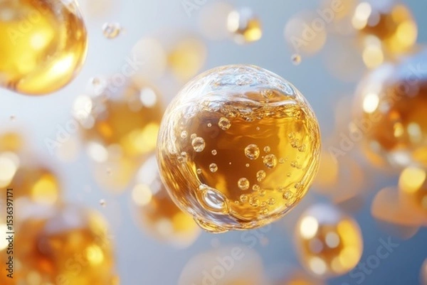 Fototapeta Golden liquid droplets and bubbles with soft, blurred background. Use this to represent science, beauty, health, or medicine.