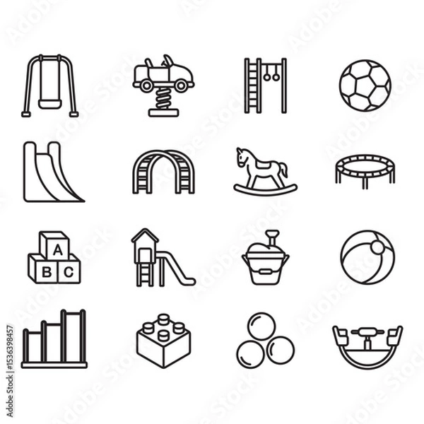 Fototapeta Collection of icons related to children's playground. Thin line vectors. Contains icons such as trampoline, slide, swing and more.
