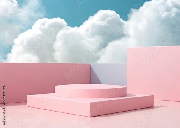 Obraz Background podium pink 3d product sky platform display cloud pastel scene render stand. Pink podium stage minimal abstract background beauty dreamy space studio pedestal smoke showcase geometric white