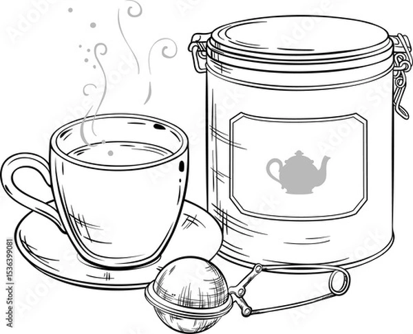 Obraz Cup of tea and Tin Packaging Outline Illustration.