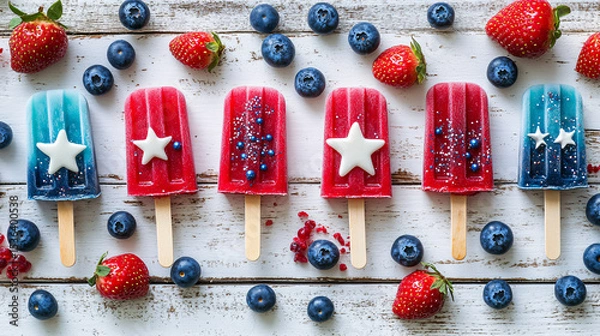 Fototapeta Festive Summer Popsicles with Berries on Rustic Wood