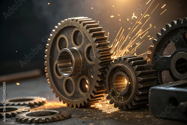 Obraz metal gears with golden lighting