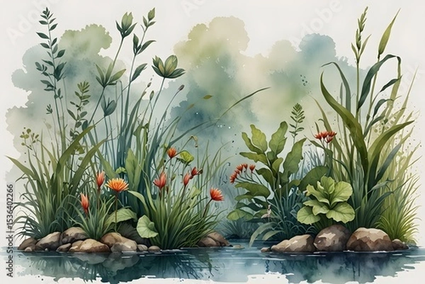 Fototapeta Aquatic plants and their ecosystem in watercolor style