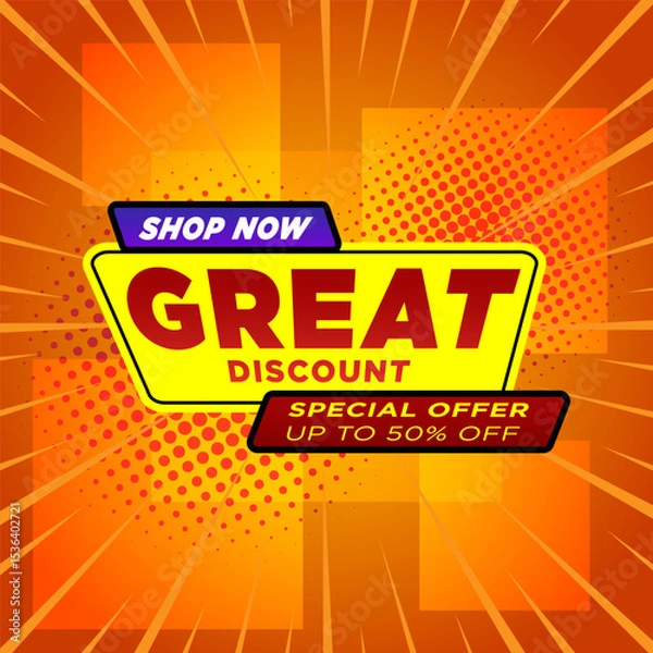 Fototapeta Great sale Discount banner. Special offer sale banner template with halftone, gradient background. Sale label and discounts background, Discount Promotion marketing poster design for web and Social.