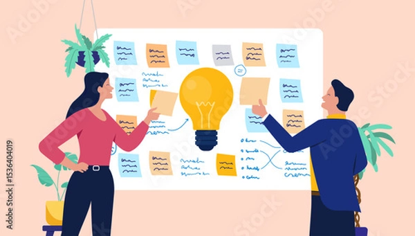 Obraz Two smiling business people collaborating on a whiteboard filled with sticky notes and a large lightbulb, representing a brainstorming session or idea generation workshop. Flat design illustration