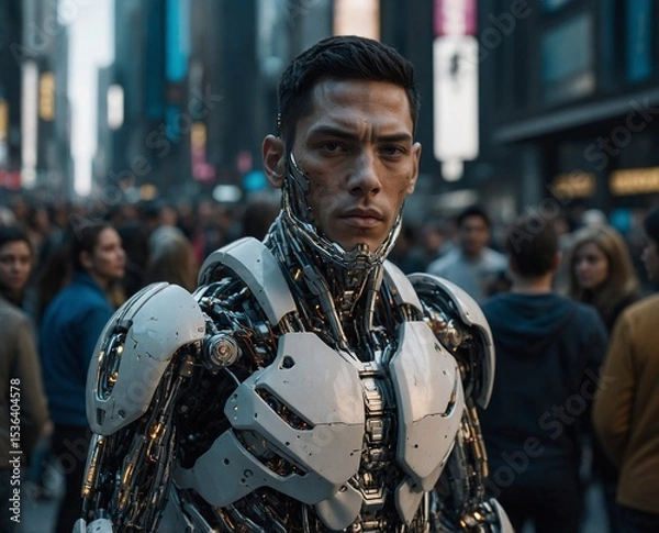Fototapeta Futuristic Cyborg Man in Urban City   AI Soldier Meets Human Evolution , Human robot concept character , terminator style , robot , technology ,exo-skeleton