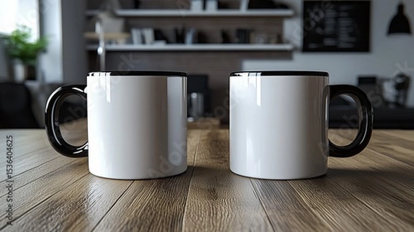 Obraz Two white mugs on a wooden table in a blurry and cozy environment. Use it as a mug mockup for your design in an easy way.