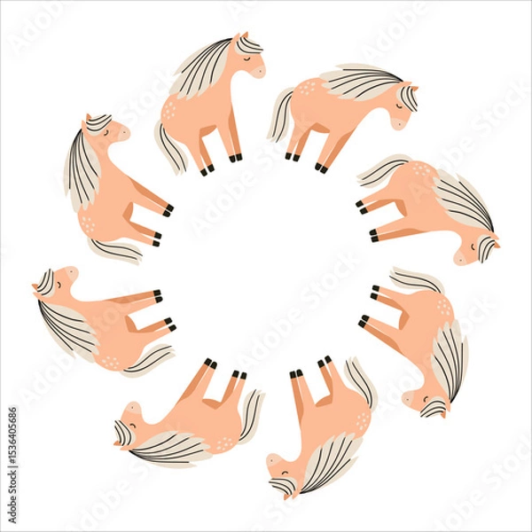 Fototapeta Cute vector illustration of cartoon horses arranged in a round frame. Isolated on a white background. Perfect for children's designs, prints, stickers, cards and nursery decor.
