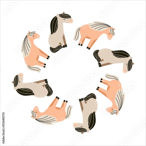 Fototapeta Cute vector illustration of cartoon horses arranged in a round frame. Isolated on a white background. Perfect for children's designs, prints, stickers, cards and nursery decor.