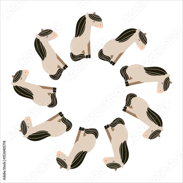 Fototapeta Cute vector illustration of cartoon horses arranged in a round frame. Isolated on a white background. Perfect for children's designs, prints, stickers, cards and nursery decor.