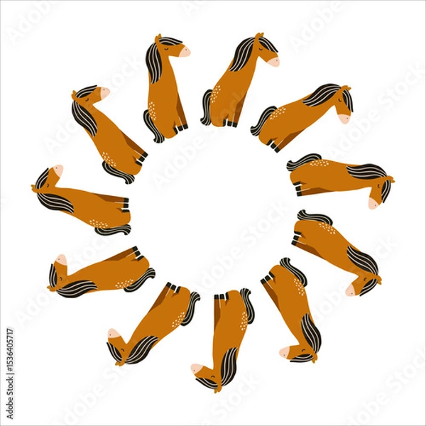 Fototapeta Cute vector illustration of cartoon horses arranged in a round frame. Isolated on a white background. Perfect for children's designs, prints, stickers, cards and nursery decor.
