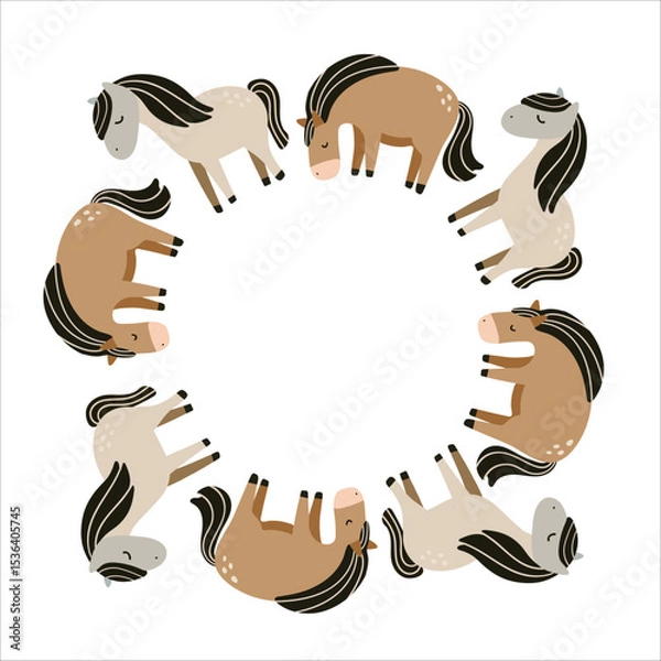Fototapeta Cute vector illustration of cartoon horses arranged in a round frame. Isolated on a white background. Perfect for children's designs, prints, stickers, cards and nursery decor.