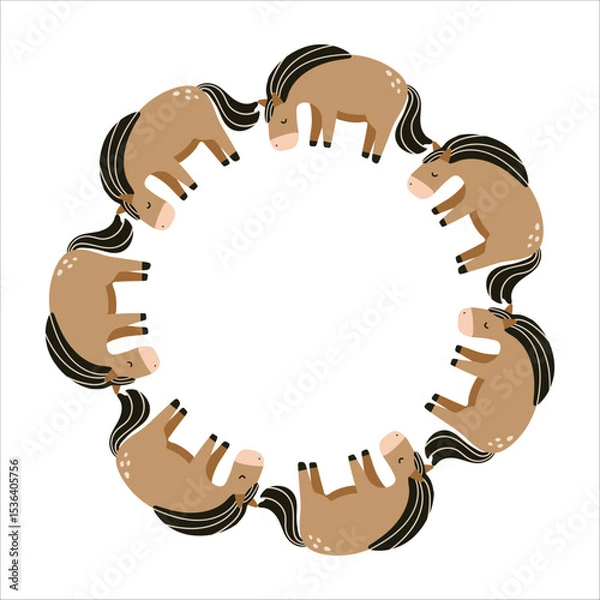 Fototapeta Cute vector illustration of cartoon horses arranged in a round frame. Isolated on a white background. Perfect for children's designs, prints, stickers, cards and nursery decor.