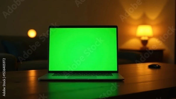 Fototapeta A sleek, futuristic laptop screen radiates a vibrant, electric green chroma key glow, situated on a polished, dark wood desk in a dimly lit, contemporary room, where warm, golden ambient light emanate