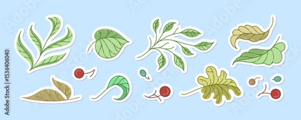 Fototapeta Hand-drawn leaf and berry stickers autumn botanical vector set for bullet journals and digital planners