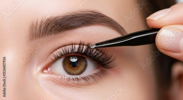 Fototapeta Applying false eyelash extensions with tweezers. Macro beauty close up. Lash extension service and beauty treatment concept. Image for banner, poster, wallpaper and advertisement