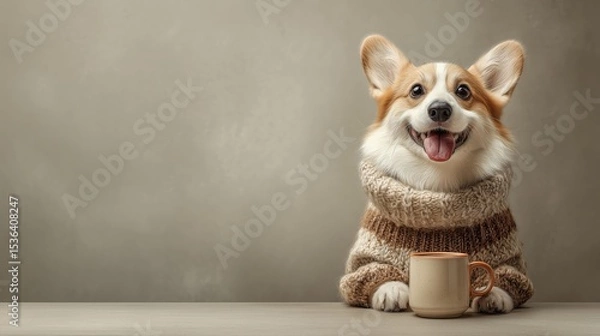 Obraz Corgi dog in a cozy sweater enjoying a warm cup of tea on a chilly day inside a cozy room