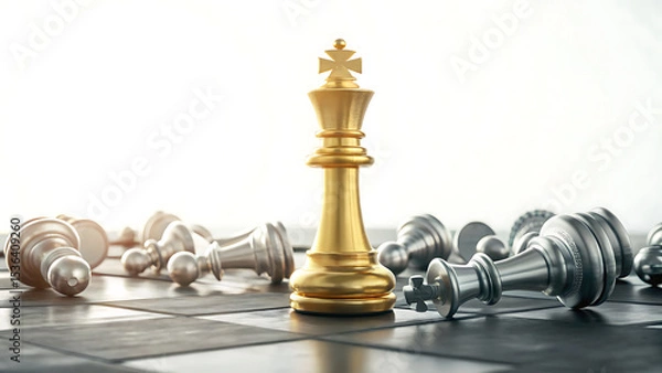 Fototapeta A golden chess king stands victorious over fallen silver pieces on a chessboard