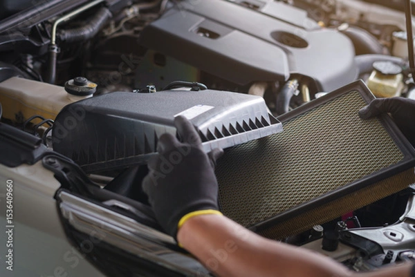 Obraz Mechanic Replacing Car Engine Air Filter.Automotive Air Filter Maintenance Process.
