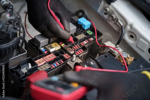 Obraz Car Fuse Box Electrical Testing with Multimeter.Technician Checking Automotive Fuses.