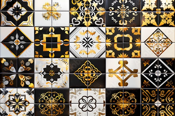 Obraz Black gold and white patterned tiles design
