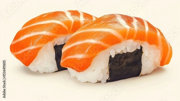 Obraz Two salmon sushi pieces on white, close up. Great for food blogs, Japanese cuisine or menu designs.