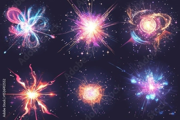 Obraz Digital art shows colorful fireworks with sparkles against a dark background. Perfect for festive backgrounds, magical illustrations, or celebratory graphic designs.