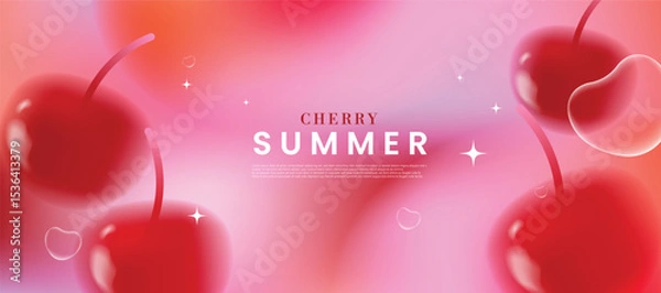 Fototapeta Summer season gradient futuristic art background vector. Modern wallpaper design with cherry, bubble heart. Illustration design for social media, print, cover, banner, backdrop, packaging, ads.