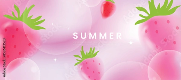 Fototapeta Summer season gradient futuristic art background vector. Modern wallpaper design with strawberry, bubble. Illustration design for social media, print, cover, banner, backdrop, packaging, ads.
