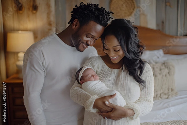 Fototapeta Happy african family with newborn in cozy home setting