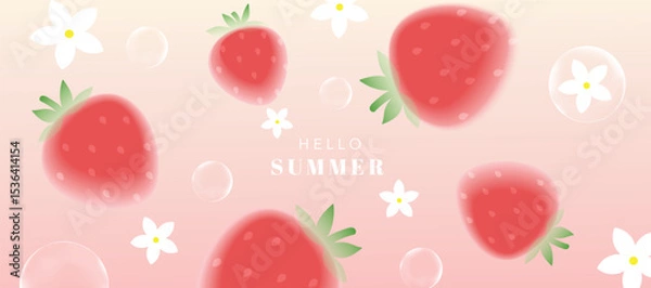 Fototapeta Summer season gradient fruit art background vector. Modern wallpaper design with strawberry, bubble, flower. Illustration design for social media, print, cover, banner, backdrop, packaging, ads.