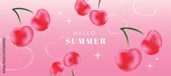 Fototapeta Summer season gradient futuristic art background vector. Modern wallpaper design with cherry, bubble heart. Illustration design for social media, print, cover, banner, backdrop, packaging, ads.