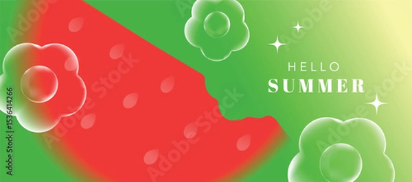 Fototapeta Summer season gradient fruit art background vector. Modern wallpaper design with watermelon, bubble flower. Illustration design for social media, print, cover, banner, backdrop, packaging, ads.