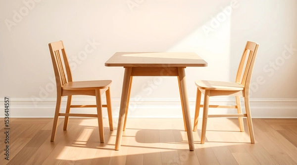 Fototapeta Sunlight illuminating minimalist dining table and chairs in modern apartment