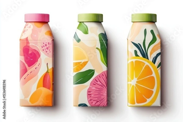 Fototapeta Three colorful bottles of juice with fruit pattern on white background. Great for marketing healthy drinks and beverage product designs.