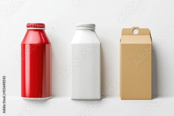 Fototapeta Three blank packages, red metal bottle, white plastic bottle and brown paper box. Great for showcasing product packaging for branding or marketing purposes.