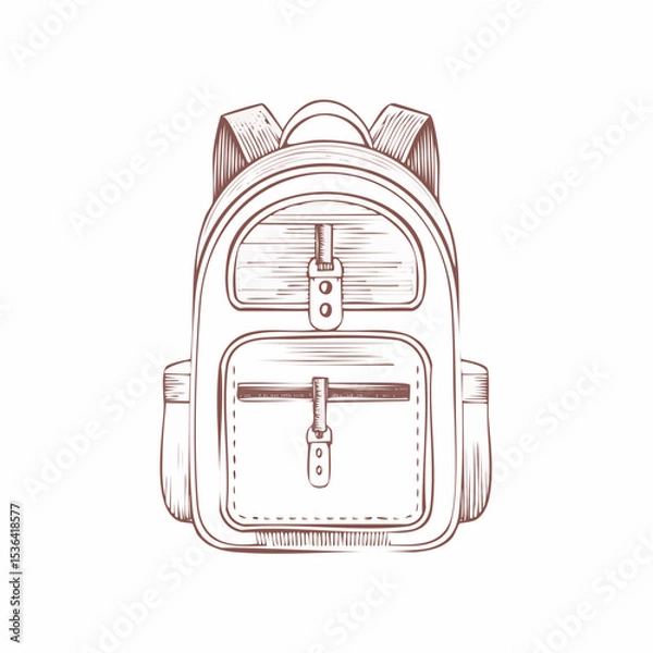 Fototapeta Simple brown sketch of a backpack, showing details of straps and pockets.