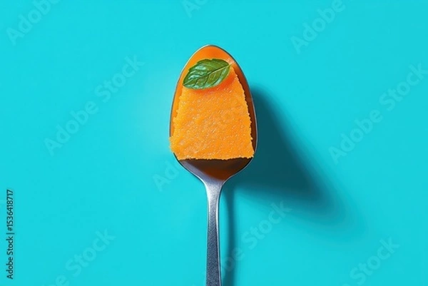 Obraz Pumpkin dessert with mint on a spoon on cyan background. Use for food blogs, holiday recipes, or healthy eating concept.