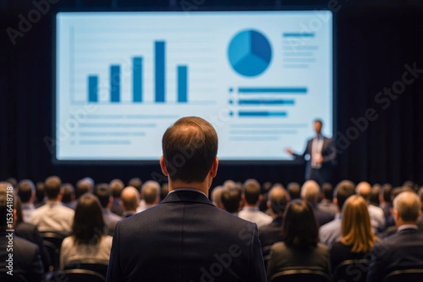 Fototapeta Large audience at business lecture watching economic statistics on projector screen, modern management conference, strategic planning, innovation, growth, success concepts