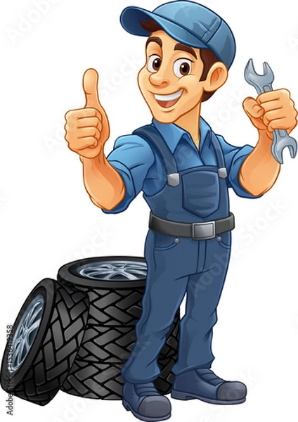 Fototapeta A tyre or tire cartoon car maintenance service mechanic mascot cartoon character man
