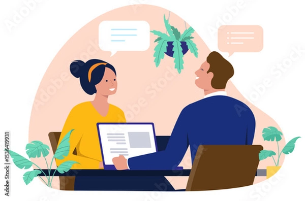 Obraz Two people engaging in a conversation or interview at a table, with speech bubbles representing dialogue and a laptop visible, suggesting business or professional discussion. Flat design illustration