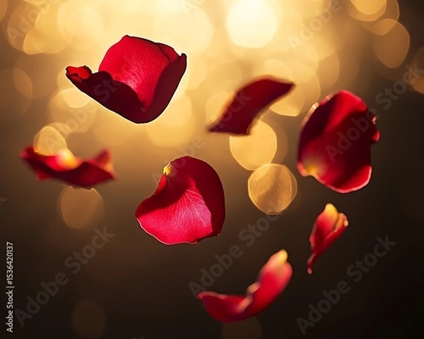 Obraz Red rose petals gently floating in mid-air illuminated by golden backlight